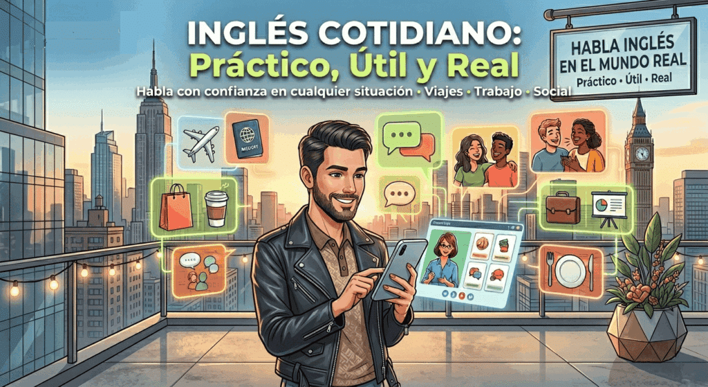 Hombre joven en una terraza urbana usando su móvil para una clase de inglés cotidiano, con iconos de viajes y socialización.