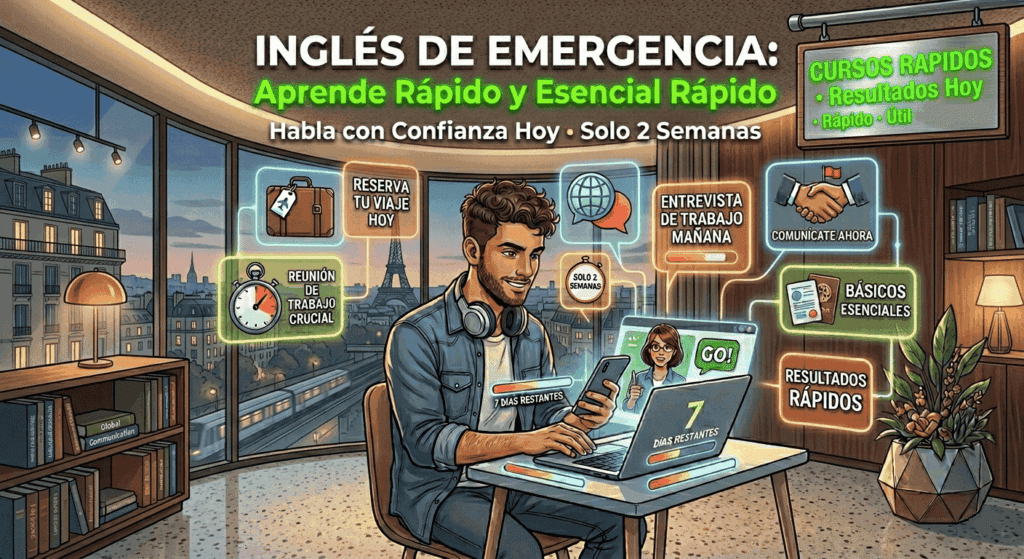 Hombre joven estudiando inglés intensivo con laptop en un salón moderno con vista a la Torre Eiffel y cronómetros de cuenta regresiva.