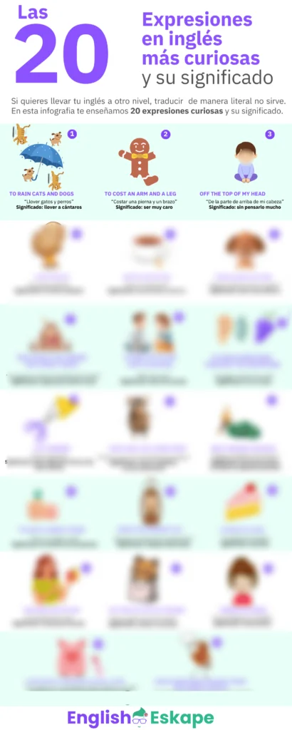 Infografía educativa de English Eskape titulada 'Las 20 expresiones en inglés más curiosas y su significado'. Muestra ejemplos como 'To rain cats and dogs' y 'To cost an arm and a leg', con ilustraciones coloridas y traducciones.