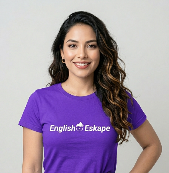 Instructora de inglés sonriendo en la academia English Eskape, vistiendo una camiseta morada de la marca.